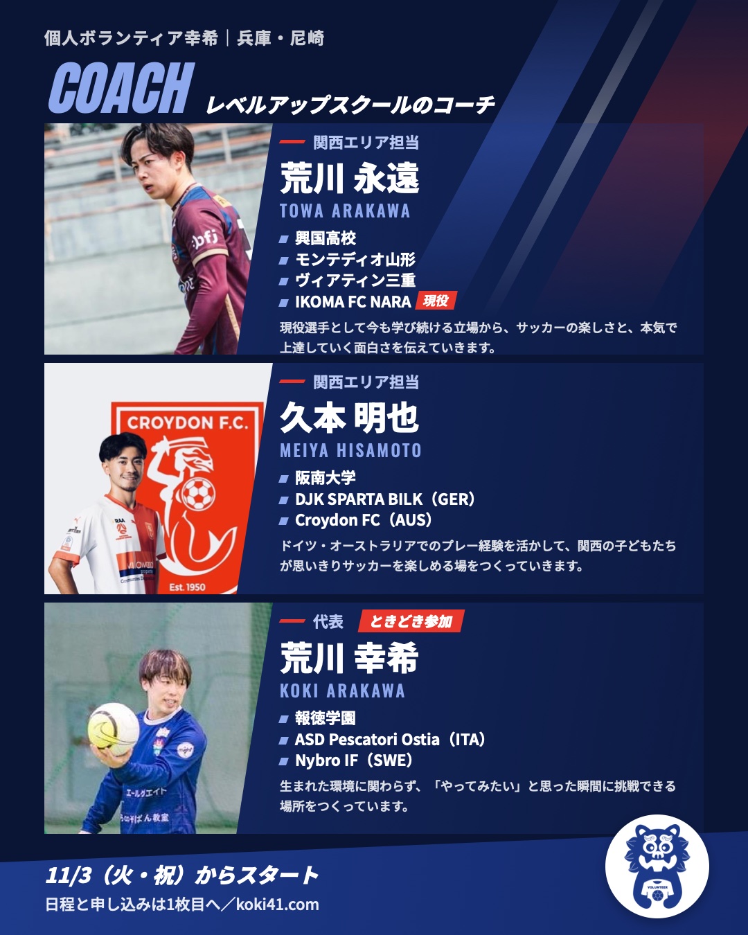関西レベルアップスクールのコーチ紹介（荒川永遠・久本明也・荒川幸希）